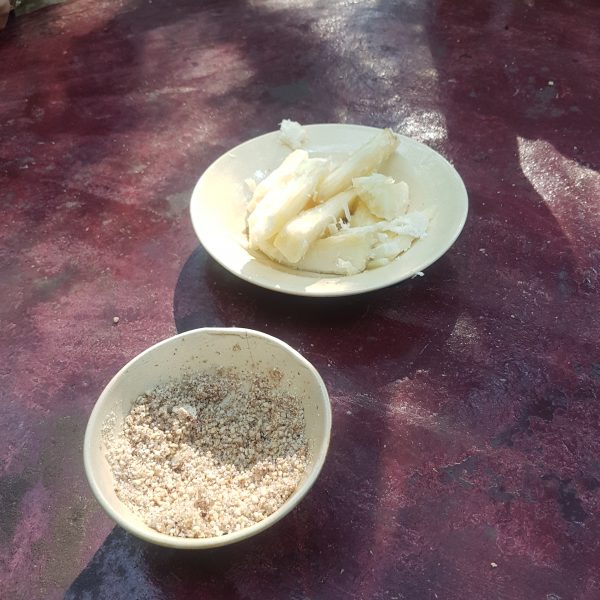 Mmm, boiled cassava with a salt and sugar dip